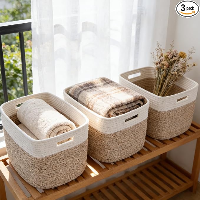 3 Pack Woven Baskets,Storage Baskets for Shelves with Handles | 13.5"×11"×9.5" Closet Baskets, Nursery Organizer for Toys Towels Books, Storage Bin for Living Room Bedroom (White&Brown) by HZFTJOY