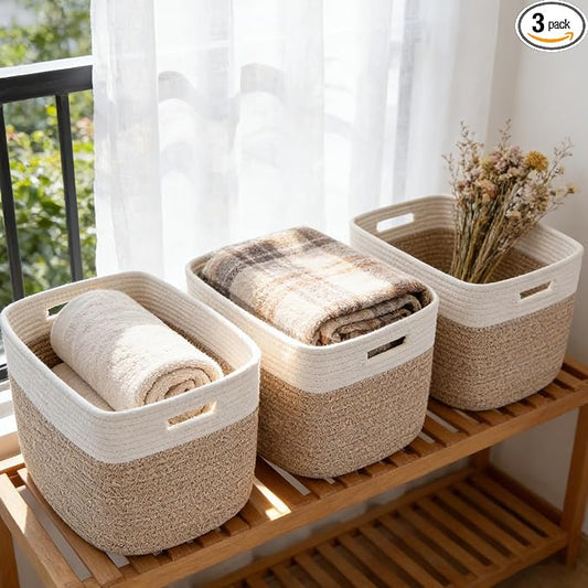 3 Pack Woven Baskets,Storage Baskets for Shelves with Handles | 13.5"×11"×9.5" Closet Baskets, Nursery Organizer for Toys Towels Books, Storage Bin for Living Room Bedroom (White&Brown) by HZFTJOY