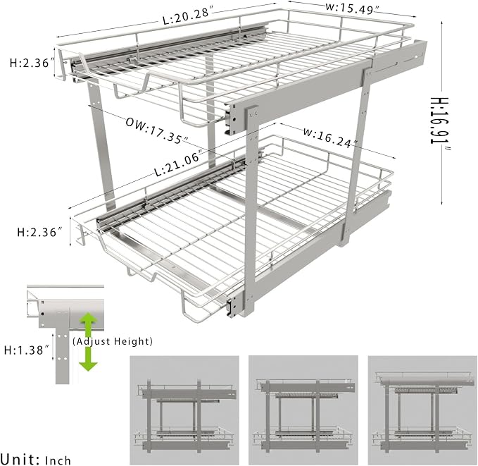 EZKAZA Pull Out Cabinet Organizer 17.5" W x 21" D, 2-Tier Kitchen Cabinet Pullout Shelf and Drawer Organizer Slide Out Pantry Storage Basket, 16.2" W x 21" D x 2.4" H for Bottom Basket Size - Image 3