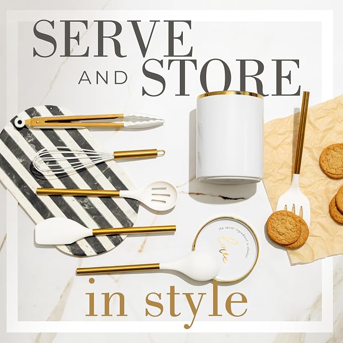 Styled Settings White and Gold Kitchen Utensils with Holder, 8-Piece | Heat Resistant, Nonstick, White Silicone Cooking Utensils Set, Ceramic Utensil Holder & Stackable Gold Spoon Rest - Image 4