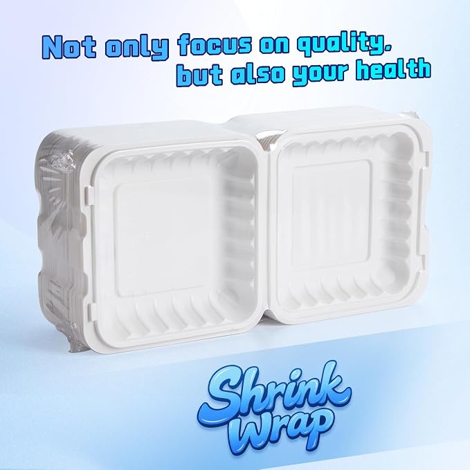 YANGRUI 55-Pack 34oz 8" White Takeout Boxes with Shrink Wrapped No Pre-Wash | Heavy Duty Mineral PP Microwave & Freezer Safe BPA Free Hinged Lunch Containers for Sandwiches, Pizza & Meal Prep - Image 2