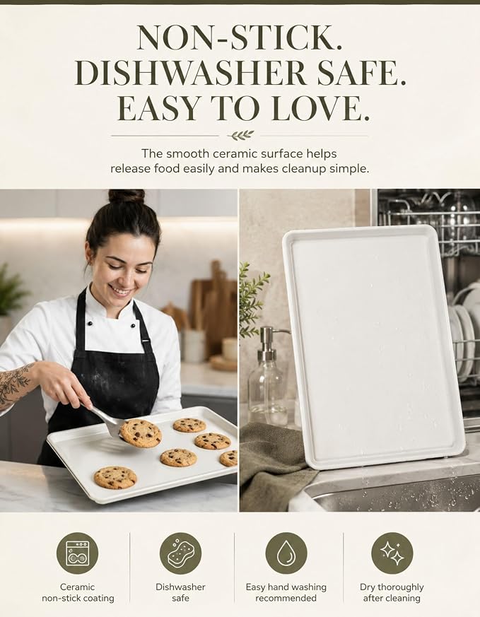 Ceramic Baking Sheet Half Size 17"x11" - Heavy Duty 0.6mm Aluminized Steel Pan, KFCC Ceramic Coating Nonstick Cookie Sheet, Oven Safe to 550°F, Rustproof & Warp Resistant Baking Tray - Image 5