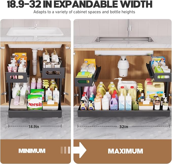 1 Pack-19"-32"W Expandable Under Sink Organizer With Upgrade Ball-Bearing Slide,2-Tier Pull Out Under Cabinet Organizer Height Adjustable,Not Suitable For Cabinets With Partitions In The Middle - Image 7
