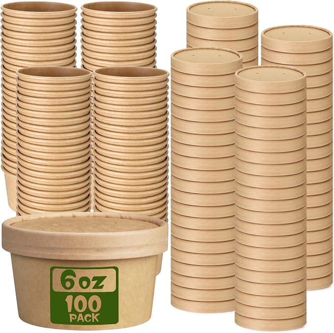 Fulmoon 100 Pack Paper Soup Containers with Lids Disposable Paper Food Containers with Vented Lid Kraft Ice Cream Cake Dessert Cups Soup Bowl for Party Hot Food Fruit Microwave(6 oz,Brown) by Fulmoon