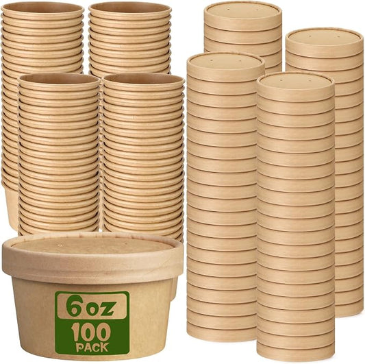 Fulmoon 100 Pack Paper Soup Containers with Lids Disposable Paper Food Containers with Vented Lid Kraft Ice Cream Cake Dessert Cups Soup Bowl for Party Hot Food Fruit Microwave(6 oz,Brown) by Fulmoon