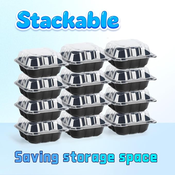 YANGRUI 55-Pack 17 oz 6" Black Clamshell Container, Shrink-Wrapped No Wash | Anti-Fog Crystal Lid, Leakproof BPA-Free PP, Microwave & Freezer Safe for Pastry, Sushi, Macarons & Burger Sliders - Image 6