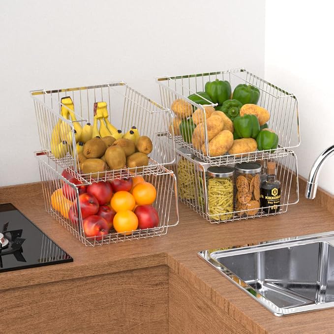 Wire Storage Baskets Stackable Refrigerator Organizer Bins Sturdy Metal Wire Bin Baskets Organization Baskets for Storage with Handles for Kitchen, Closets, Bathroom, Cabinets -Set of 3 - Image 3