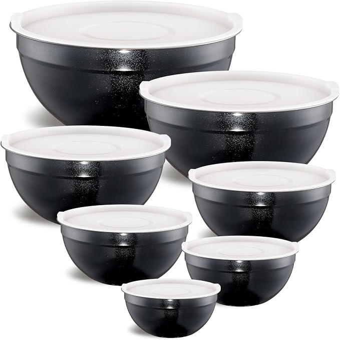 Black Mixing Bowls with Airtight Lids, Stainless Steel Nesting Mixing Bowls Set of 7, Ideal for Baking, Prepping and Serving Food, Size 7, 3.6, 2.7, 2.1, 1.5, 1.1,0.8 QT, Stackable Design by Moxinox