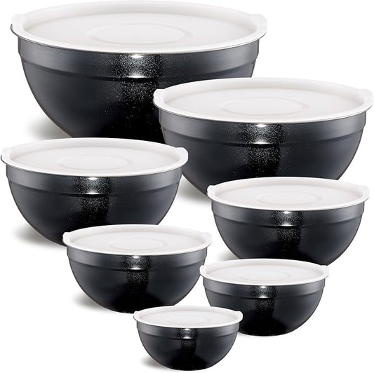 Black Mixing Bowls with Airtight Lids, Stainless Steel Nesting Mixing Bowls Set of 7, Ideal for Baking, Prepping and Serving Food, Size 7, 3.6, 2.7, 2.1, 1.5, 1.1,0.8 QT, Stackable Design by Moxinox