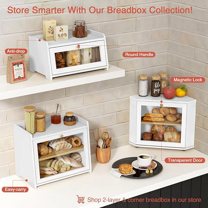 Goozii White Bread Box for Kitchen Countertop, Modern Counter Breadbox for Homemade Bread, Large Corner Bread Storage Container for Sourdough Loaf Organizers and Storage (White Bamboo Wood) - Image 5