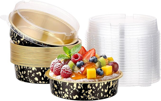 Beasea 7.3oz Cheesecake Pan with Lids, 20 Pack 4 Inch Round Aluminum Foil Disposable Tart Tins, Cupcake Container with Lids Mini Pie Tart Pans Baking Cups For Pizza Quiche - Black Gold Speckles by Beasea