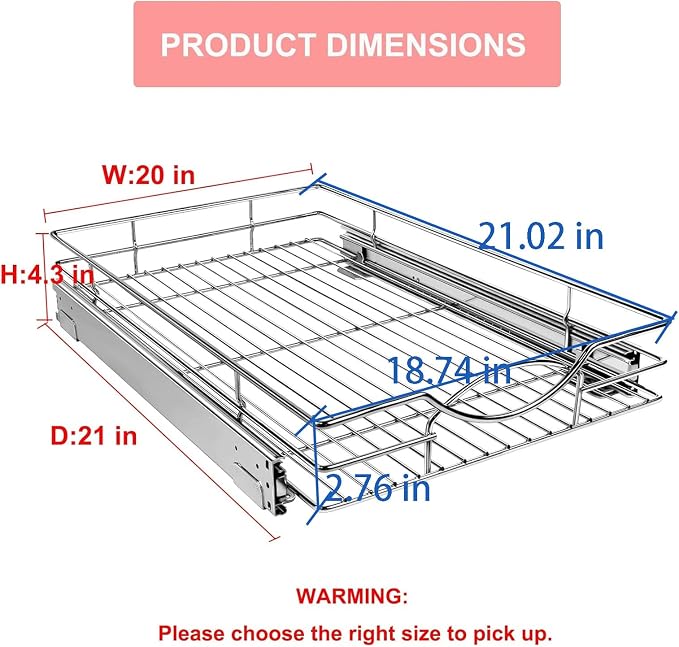 Sikarou Pull Out Cabinet Organizer 20" W x 21" D, Heavy Duty Kitchen Cabinet Pull Out Shelves, Slide Out Wire Basket for Kitchen Cabinets, Bathroom, Pantry, Chrome Finish - Image 2