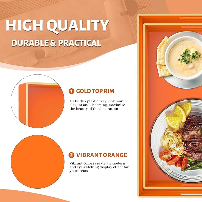 Orange Serving Tray with Handles, Plastic Decorative Tray Set of 2 | Decorative Tray for Coffee Table, Modern Ottoman Tray, Rectangle Melamine Tray for Living Room, 15.8"L x 10.2"W x 1.4"H - Image 3