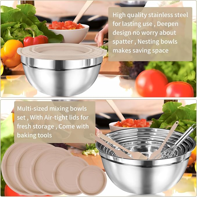 WEPSEN Mixing Bowls Set, 25PCS Khaki Mixing Bowls With Lids Set Stainless Steel Kitchen Large Nesting Metal Bowl 7QT to 1.5QT, Measuring Cups and Spoons for Prepping Cooking Serving - Image 8