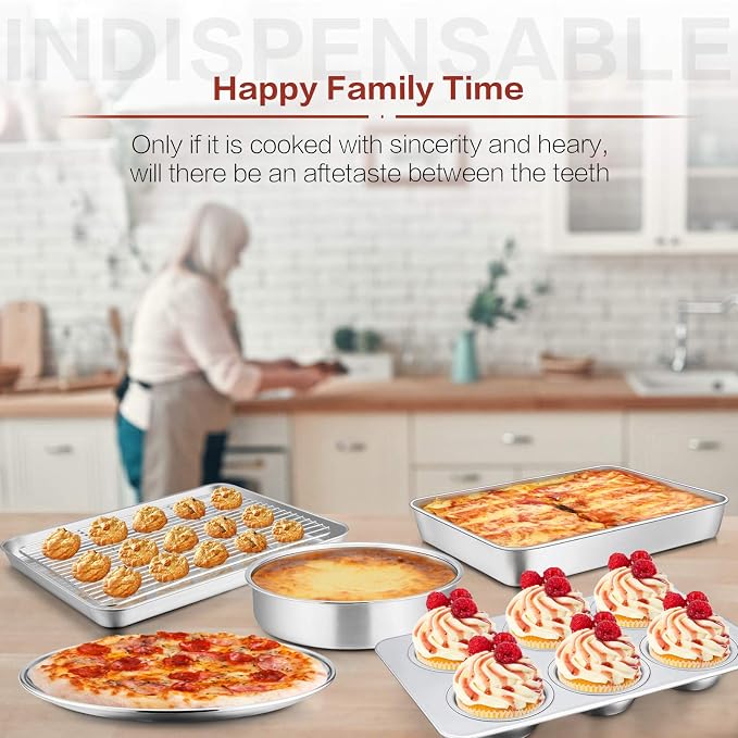 Toaster Oven Bakeware Set, E-far 6-Piece Stainless Steel Small Baking Pan Set, Include Cake Brownie Pan/Cookie Sheet with Rack/Muffin Tin/Pizza Pan, Non-Toxic & Healthy, Easy Clean & Dishwasher Safe - Image 2