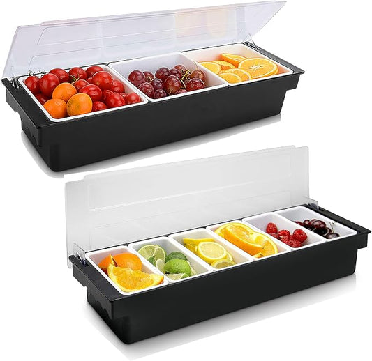 WICHEMI Fruit, Veggie & Condiment Caddy with Lid Dispenser Tray Plastic Garnish Station for Bartending & Serving Taco, Ice Cream, Salad Bar - Topping Organizer for Restaurant Supplies (6 Compartment+3 by WICHEMI