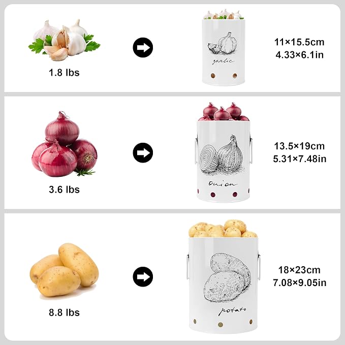 Kitchen Potato and Onion Storage Bin,Metal Vegetable Storage Bins Set of 3 with Aerating Holes and Lids,Farmhouse Canisters Sets for the Kitchen Countertop (1, Circular) - Image 4