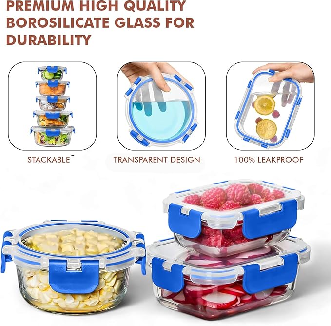 Razab 30 PC Glass Food Storage Containers with Lids - Reusable Glass Meal Prep Containers for Lunch and Leftovers - Airtight & Leakproof Snap Locking Lids - Oven, Freezer, Microwave, Dishwasher Safe - Image 7