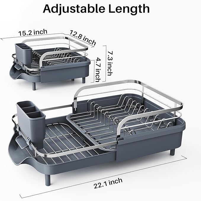 SNTD Expandable Dish Drying Rack for Kitchen Counter, 15.2-22.1 in, Gray | Rust-Resistant Stainless Steel, Protective Side Rails, Self-Draining Drainboard, Removable Utensil Holder - Image 5