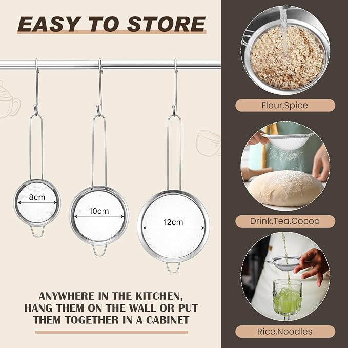 Norme 4 Quart Stainless Steel Silver Colander and 3 Pcs Silver Fine Mesh Strainer, Stainless Steel Pasta Rice Food Metal Strainer with Handles, Easy Clean and Dishwasher Safe - Image 3