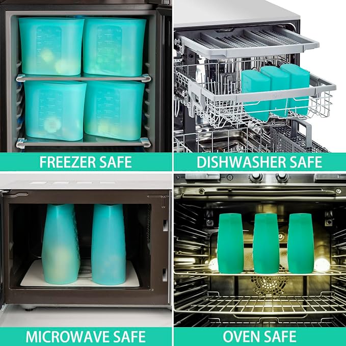 Large Reusable Storage Bag, 4 Pack 100% Silicone Food Storage Bags Stand Up Silicone Zip Lock Bags for Food Container, Freezer Microwave Oven Dishwasher Safe, Aqua, 50.7oz/ 1500ml - Image 6