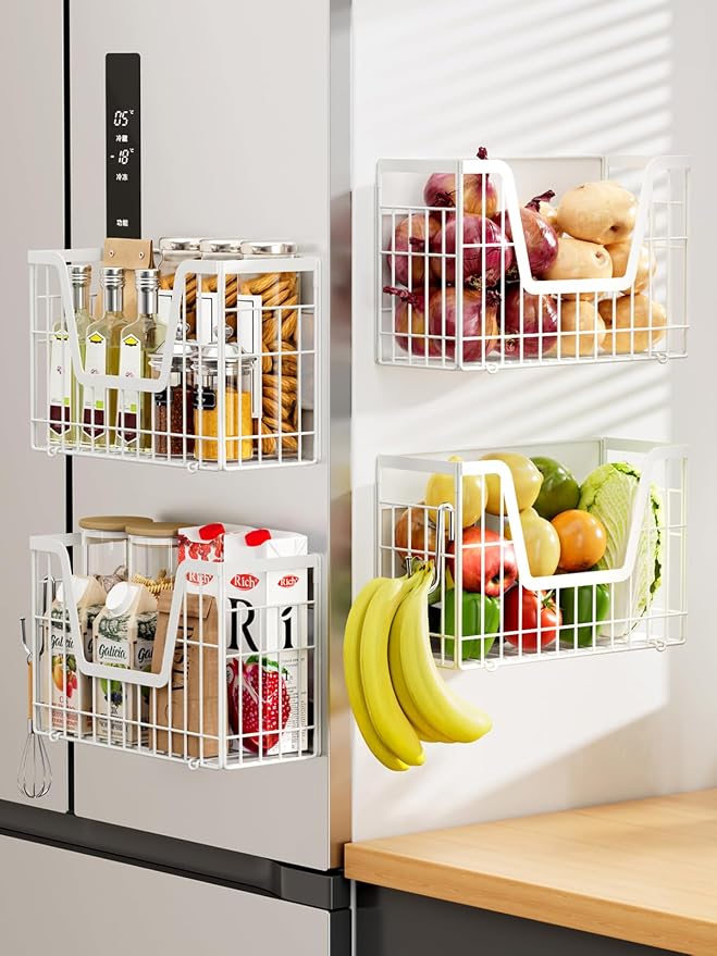 4 Pack Magnetic Shelves For Fridge, White Potato Onion Storage Bin | Magnetic Fruit Basket for Fridge Organizers and Storage, Veggie Onion Potato Wire Storage Basket for Kitchen, Pantry Laundry by YIWANFW