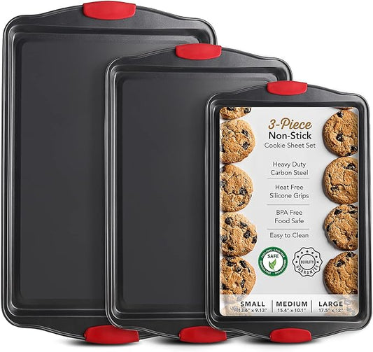 Eatex Nonstick Baking Sheet Set, 3-Piece Baking Pans Set with Silicone Handles, Carbon Steel Cookie Sheets for Baking, Commercial Grade Quality Oven Tray, Quarter/Jelly Roll/Half Sheet Pans for Baking by Eatex
