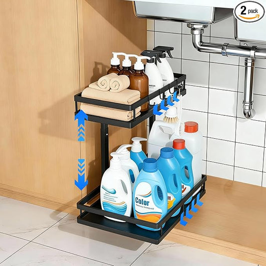 2-Tier Metal Pull-Out Under Sink Organizer, Black, 1 Pack | Carbon steel, ball-bearing pull-out, 6-level adjustable, no-drill setup, for under-sink pipes and bottles by jcylq