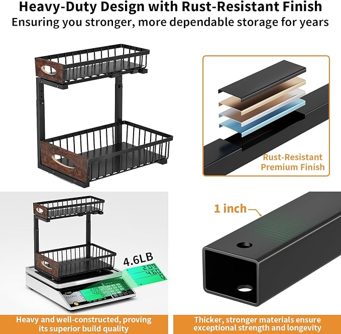 2-Tier Under Sink Organizer with Wooden Drawer Handle, 2 Pack Adjustable Height Pull Out Cabinet Organizer Shelf,Slide out Storage Drawer Rack for Kitchen Bathroom Laundry Room Pantry (Black) - Image 6
