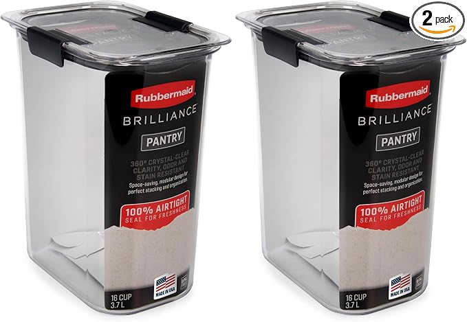 Rubbermaid Brilliance Food Storage Container, 16-Cup, Airtight | Clear/Grey | For Pantry Organization | Pack of 2 by Unknown