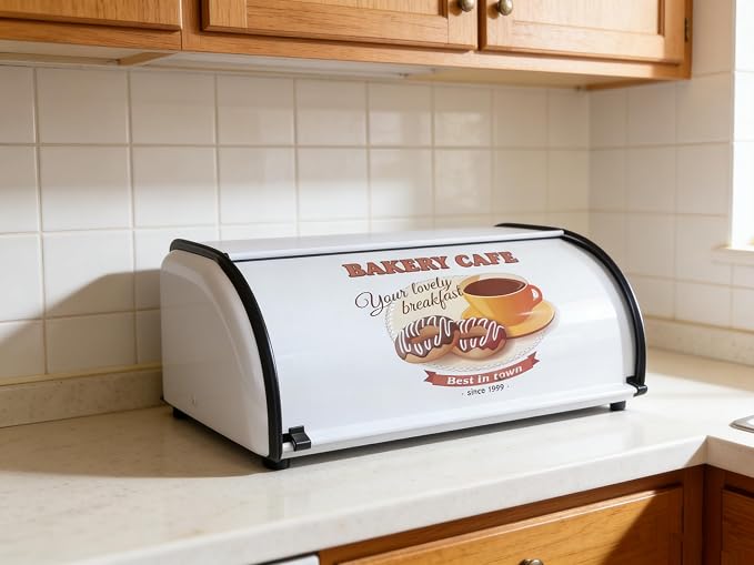 Large Metal Bread Box for Kitchen Countertop, White Roll Top Bin | Large stainless steel bread box with a smooth roll-top lid stores loaves, bagels and pastries, keeping countertop organized by JunWondC