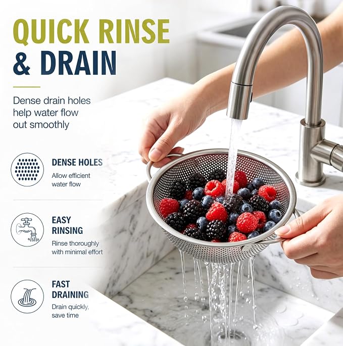 Palksky Small Colander Set of 2, 800 mL / 0.85 Qt Stainless Steel Mini Colanders with Riveted Handles, Footed Base & Micro-Perforations, Berry Wash Bowl for Berries, Fruits, Vegetables & Pasta - Image 5