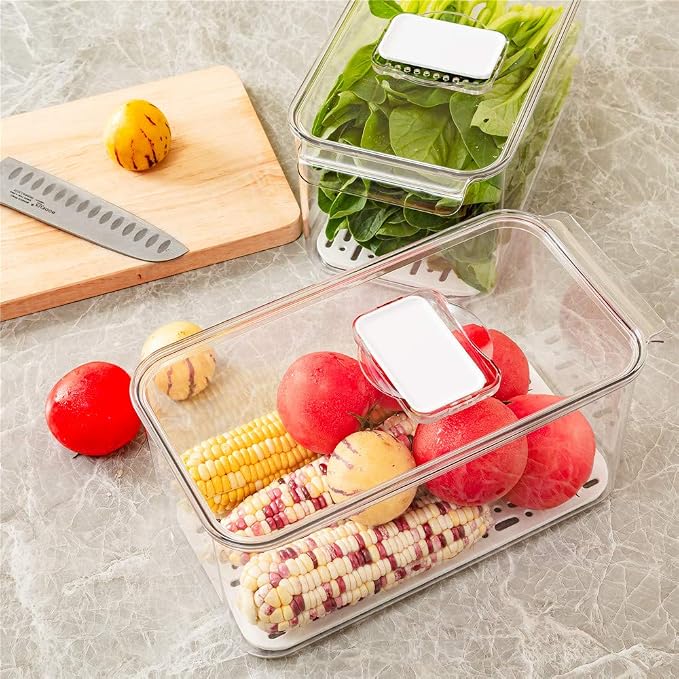 SANNO Produce Saver Refrigerator Organizer Bins with Lids And Removable Drain Tray Food Storage Container Fridge Stackable Freezer Bins For Kitchen Produce Fruit Vegetable (Set of 2) - Image 4