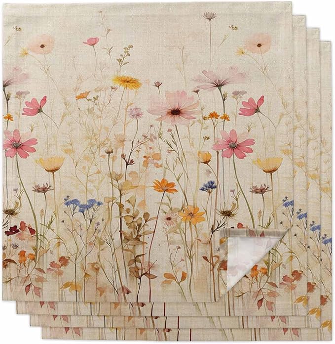 Botanical Wildflower Cloth Napkins Set of 4 - Washable Dinner Napkins Reusable Table Napkins for Home Party Weeding Dining Table Setting Decoration, Oversized 20"x20" Retro Colored Spring Floral Herb by Unknown