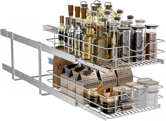 2 Tier Pull Out Cabinet Organizer,(11½"W x 22" D) Soft Close Slide Out Drawer For Kitchen Base Cabinet, Individual Pull Out Shelf, Roll Out Pantry Organization, 22 Inch Deep by LOVKIT