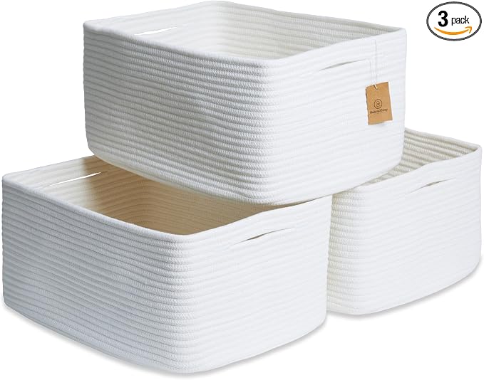 NaturalCozy Storage Baskets 16.8”x13”x7.6” Cotton Rope Woven Baskets for Organizing 3-Pack | Toy Storage Bins | Basket for Shelves, Laundry, Blanket, Clothes, Closet, Kitchen, Bathroom, Gifts by NaturalCozy