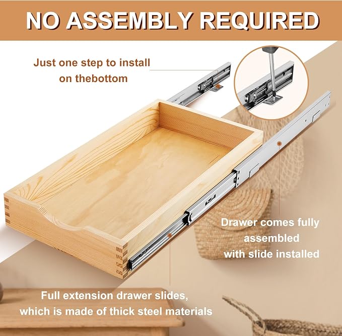 2 Set Wooden Pull out Cabinet Organizer Fully Assembled Slide out Pantry Drawer with Gentle Close Storage Shelf Tray for Base Kitchen Under Sink Bathroom Accessory(Wood Color,12'' X 21'' X 3") - Image 4