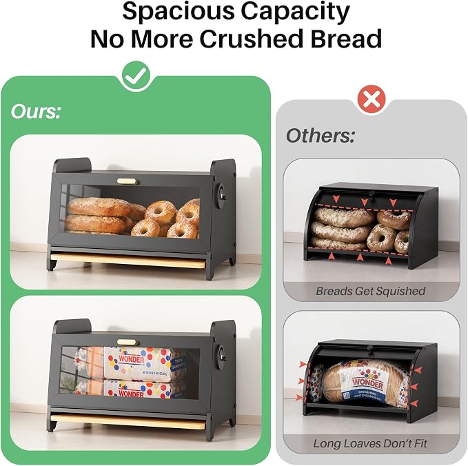 SNTD Bread Box for Kitchen Countertop, Bamboo Cutting Board, 1 Tier, Black | Adjustable Vent Hole, Airtight Design, Natural Wood, Magnetic See-through Door, Metal Frame, Homemade Bread Storage Container - Image 7