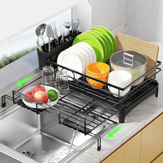 Expandable Over Sink Dish Drying Rack (12.6"-20.5"), Rustproof Metal Dish Drainer with Auto-Draining Tray & Utensil Holder, Large Capacity Sink Organizer for Kitchen Counter, Fits Most Sinks - Black by Fanbsy