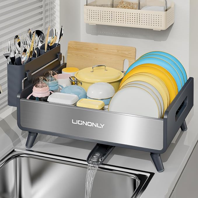 Dish Drying Rack with Drain Board, 304 Stainless Steel Core, Aluminum Rustproof Frame, Anti-Slip Elevated Feet, Removable Adjustable Spout, Utensil Holder, Gray by StartYourHomeStorageLife