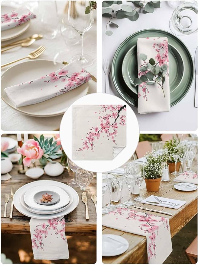 Cherry Blossom Cloth Napkins Set of 4 - Washable Dinner Napkins Reusable Table Napkins for Home Party Weeding Dining Table Setting Decoration, Pink Asian Japanese Burlap Beige Oversized 20"x20" - Image 3