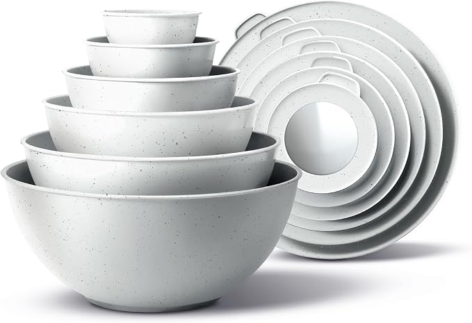 COOK WITH COLOR Mixing Bowls with TPR Lids - 12 Piece Plastic Nesting Bowls Set includes 6 Prep Bowls and 6 Lids, Microwave Safe Mixing Bowl Set (Speckled White) by CookwithColor