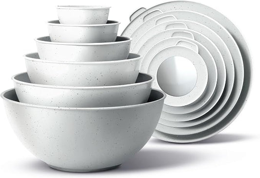 COOK WITH COLOR Mixing Bowls with TPR Lids - 12 Piece Plastic Nesting Bowls Set includes 6 Prep Bowls and 6 Lids, Microwave Safe Mixing Bowl Set (Speckled White) by CookwithColor