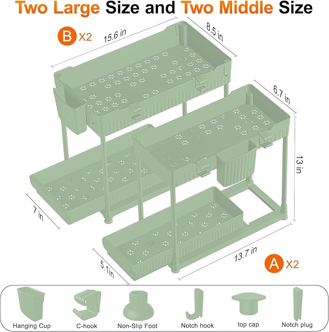 4-Pack 2-Tier Under Sink Organizer with Pull Out Drawers | Multi-use kitchen & bathroom storage. Includes hanging hooks and cups. Green, space-saving cabinet design. 12.8 Inch - Image 6