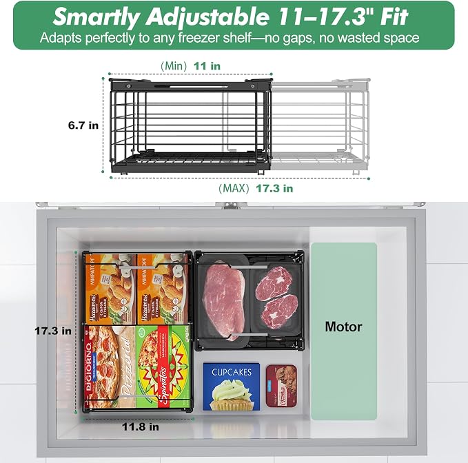 ADRIMER Freezer Organizer Bins, 4 Packs Foldable & Stackable Chest Freezer Organizer Bins with Adjustable Length 11-17.3", Metal Wire Storage Baskets for Upright Freezer, Deep Freezer, Pantry, Black - Image 3