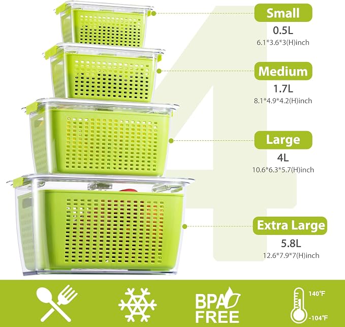 LUXEAR Fruit Vegetable Storage Container, 4 Pack Fresh Containers for Fridge with Lids BPA-Free Produce Refrigerator Organizer for Fruit, Veggie, Berry, Meat Storage Keep Fresh Longer-Green - Image 2