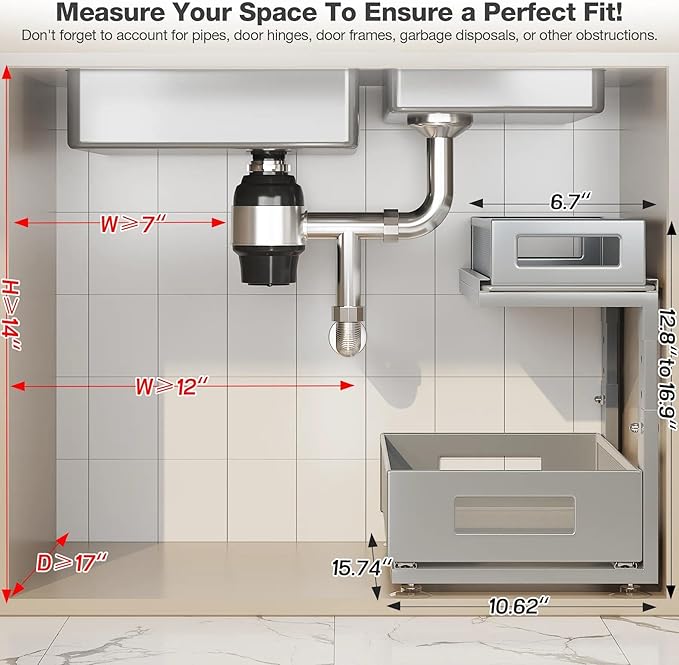 1 Pack 15.74IN-Depth Under Sink Organizer With Next-Gen Ball-Bearing Slides,2-Tier Pull Out Cabinet Storage,Height Adjustable Drawer Shelf for Bathroom,Kitchen,Laundry,Cabinet,Pantry-Gun Gray - Image 2