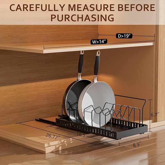 Black Pull Out Pot Lid Organizer, Cabinet Pan Rack, 8 Dividers | 2-pack black carbon steel rack, 16 adjustable dividers, quiet slide rails, adhesive or screw mount for lids, pans, bakeware - Image 2