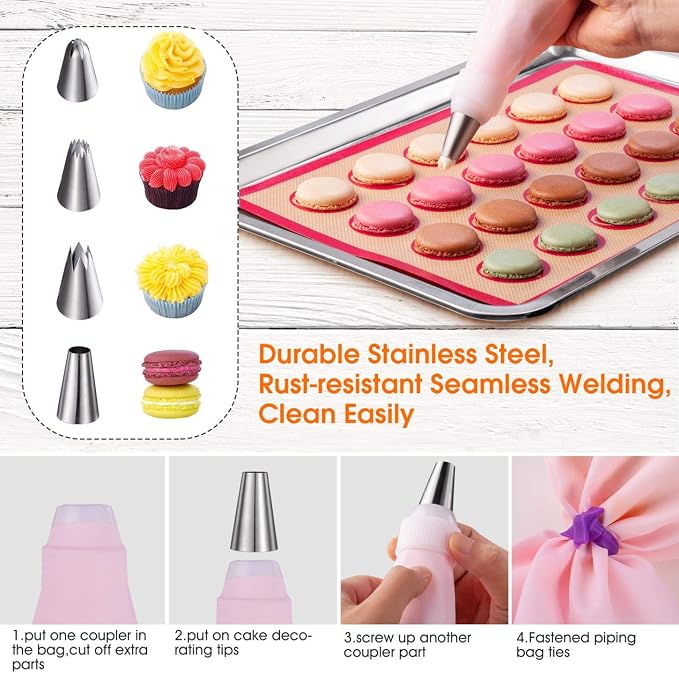Silicone Macaron Baking Mat Kit - (30 in 1) Macaroon Baking Mat Heart Set,2 Half Sheet Macaron Silicone Mat,1 Egg Separator,1 Pastry Brush,1 Spatula,6 Frosting Tips,12 Piping Bags - Image 5