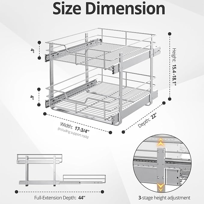 ZOINLIY Pull Out Cabinet Organizer,Slide Out Kitchen Organizers and Storage | Heavy Duty Drawer Cupboard Storage Basket, Smooth Sliding, Chrome Finish (2-Tiers-17¾''W×22“D) - Image 4